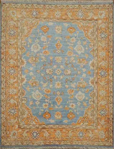 Floral Blue Oushak Vegetable Dye Wool Rug 3x4