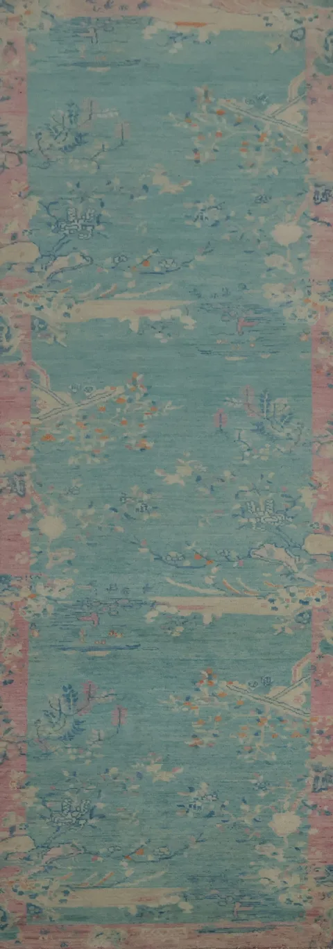 Blue and Pink Art Deco Chinese Runner Rug 3x12 Brings Artistic Flair