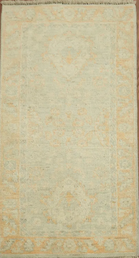 Artistic Boho Beige Turkish Oushak Rug with Soft Contrasting Border Patterns 2x4 ft