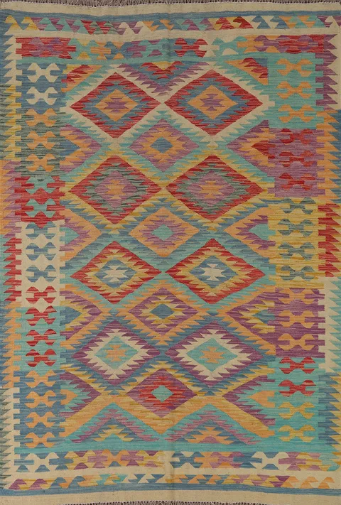 South Western Kilim Geometric Wool Rug 5x7