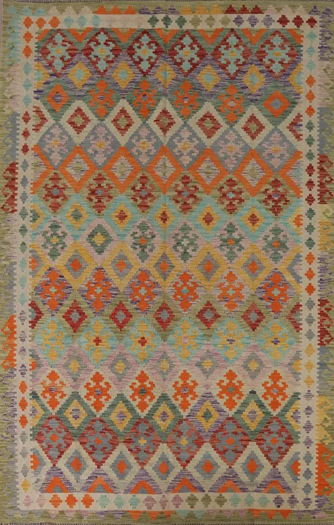 Geometric Wool Kilim Living Room Rug 7x10