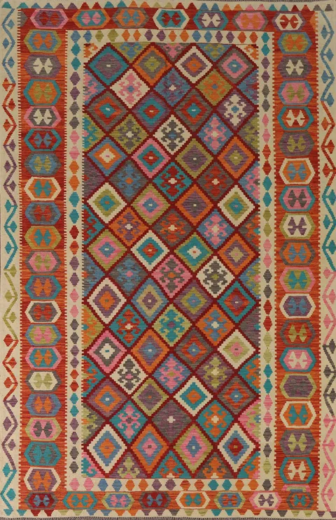 Geometric Wool Kilim Living Room Rug 7x10