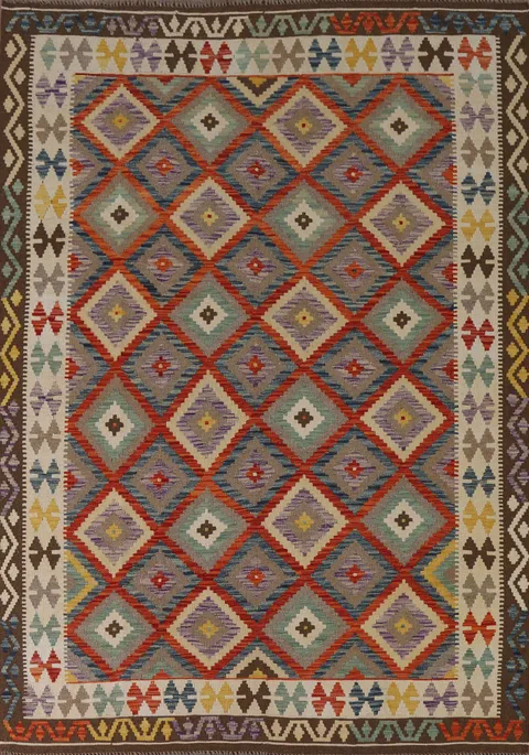 Geometric Kilim Reversible Wool Area Rug 6x8