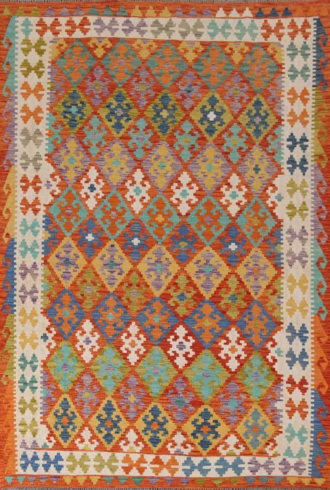 Geometric Wool Kilim Living Room Rug 7x10