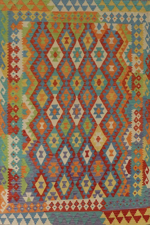 Geometric Wool Kilim Living Room Rug 7x9