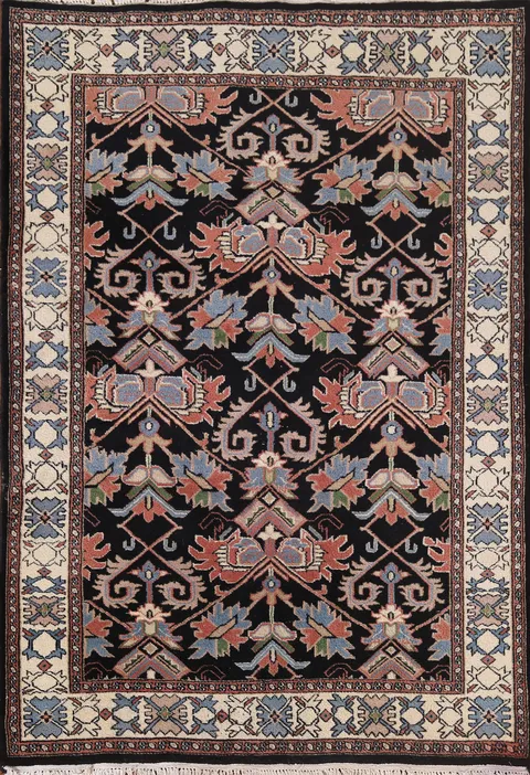 Black Geometric Heriz Oriental Rug 4x6