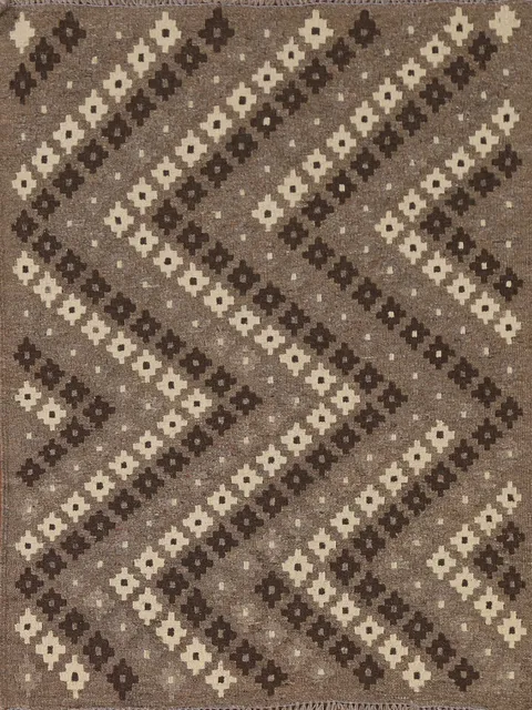 Brown Geometric Kilim Oriental Wool Rug 4x5