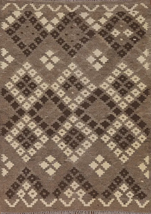Brown Geometric Kilim Oriental Wool Rug 3x5
