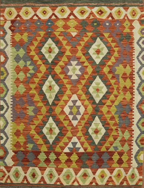 Handwoven Colorful Kilim Flat-Weave Rug with Diamonds in Earthy Tones 5x6