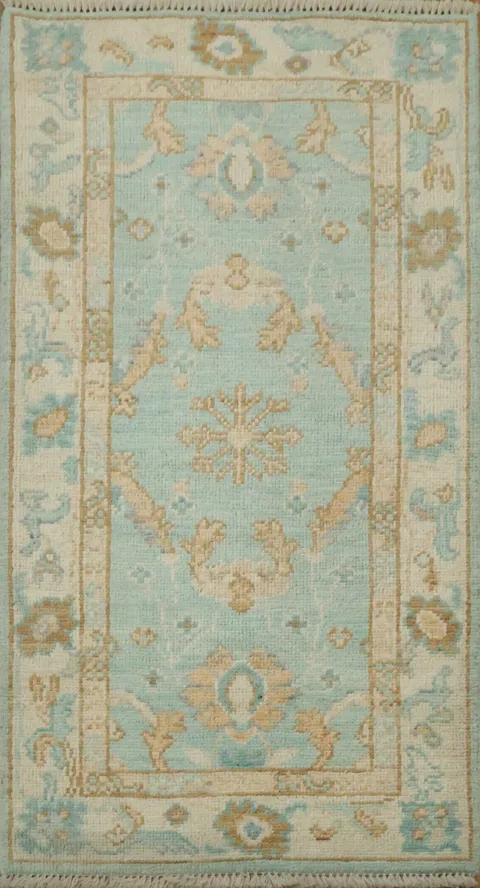 Vegetable Dye Aqua Blue and Beige Oushak Turkish Accent Rug 2x4