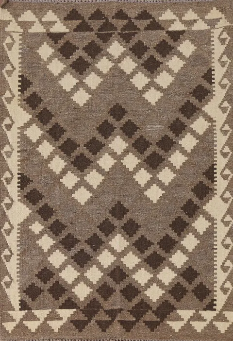 Brown Geometric Kilim Oriental Wool Rug 3x5