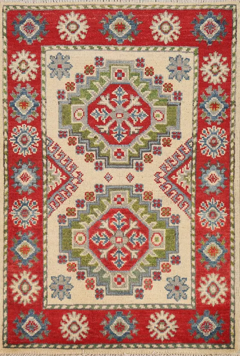 Ivory & Red Geometric Kazak Oriental Foyer Rug 2x3