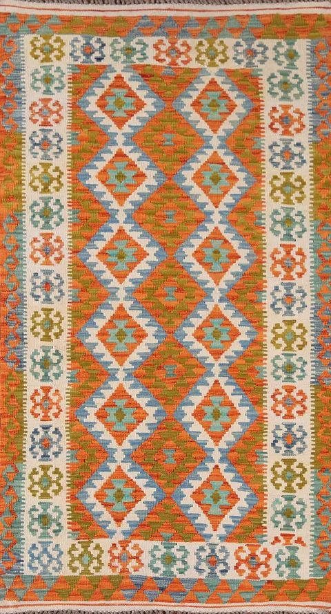 Geometric Kilim Reversible Wool Runner Rug 3x7