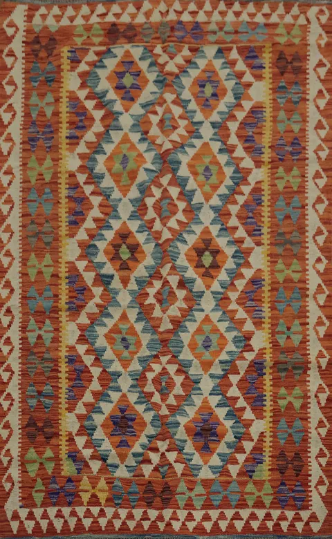 Handwoven Kilim Oriental Rug 4x6 with Geometric Motifs