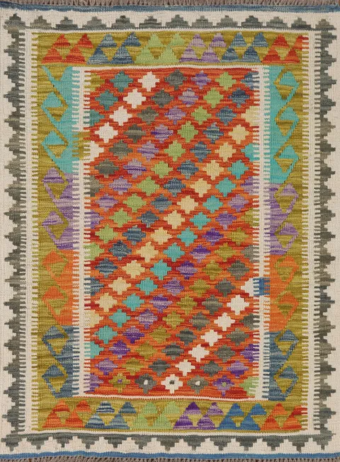 Geometric Kilim Oriental Wool Rug 3x4