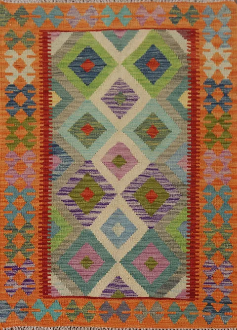 Geometric Kilim Reversible Wool Rug 3x4