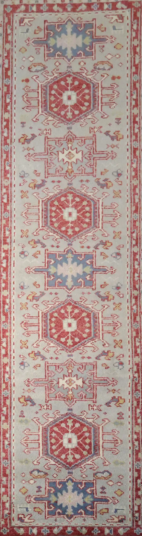 Tribal Runner: Red and Grey with Blue Hexagonal Medallions 3x10 ft