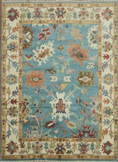 Vibrant Colorblock Blue Oushak Area Rug with Intricate Patterns for Living Room 9x12