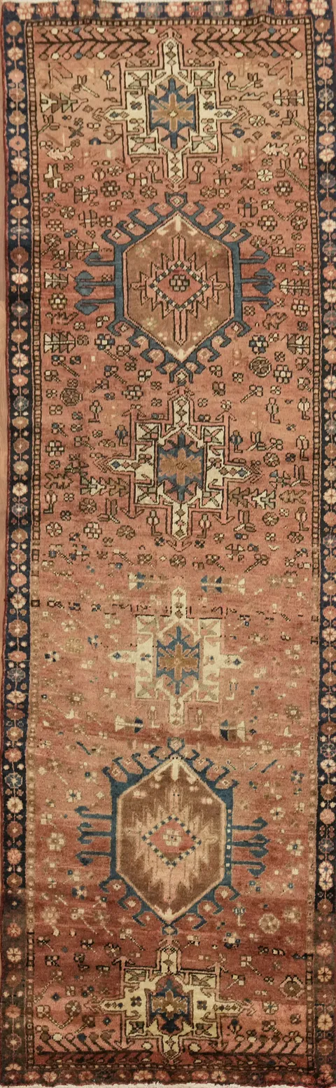 Vintage Authentic Persian wool Gharajeh Runner Rug with geometric patterns 3x11