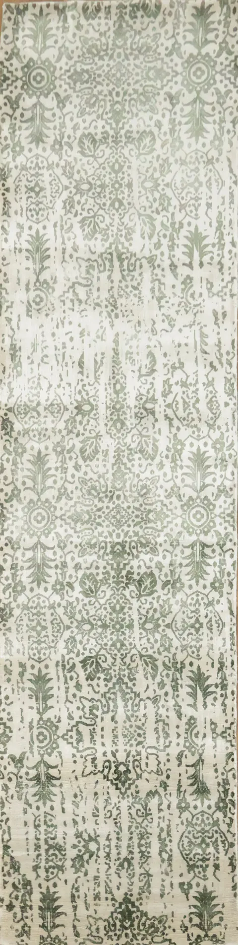 Ivory & Green Abstract Indian Runner Rug 3x12