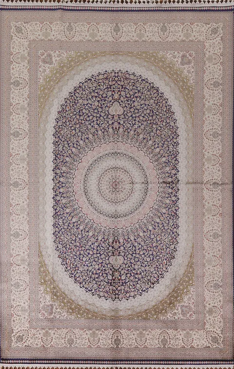 Navy Blue Floral Qum Traditional Area Rug 6x10