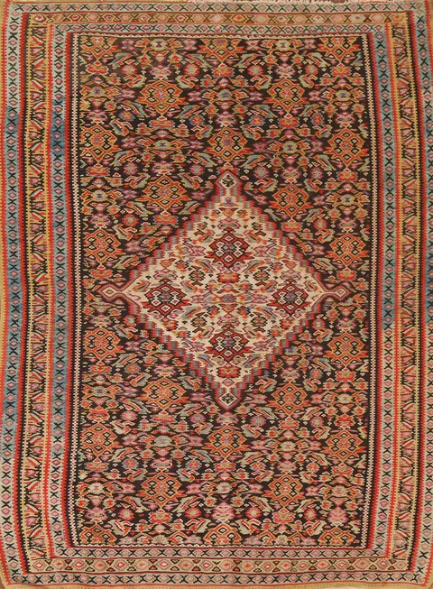 Pre-1900 Vegetable Dye Senneh Kilim Persian Rug 4x5