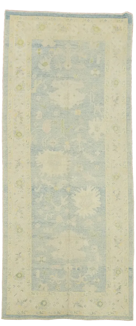 Vegetable Dye Soft Blue Oushak Turkish Living Room Rug 6x14 ft