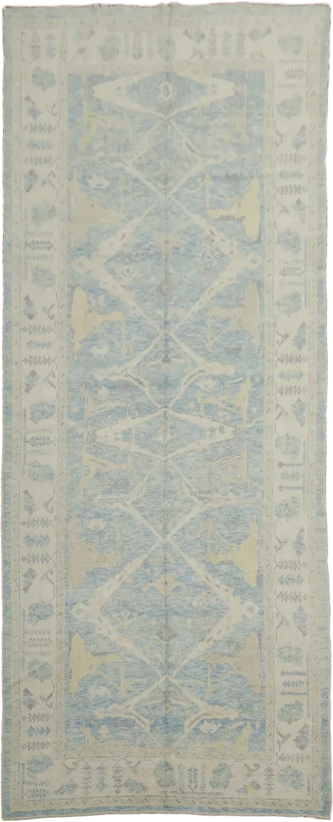 Muted Blue and Beige Oushak Turkish Palace Wide Runner 7'x17'