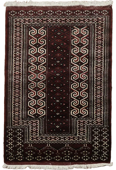 Elegant Geometric Patterns on Rich Brown Traditional Rug 3x4
