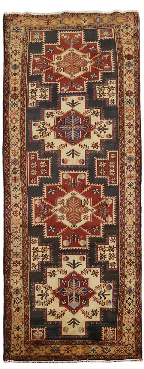 Vintage Tribal Persian Runner Rug with Geometric Motifs and Earthy Tones 4x11