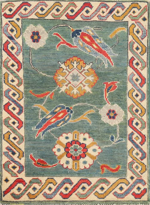 Handmade Green Kazak Wool Rug 2x3