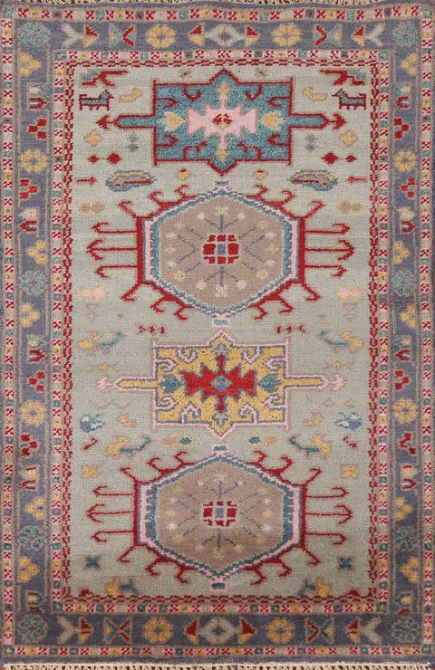 Handmade Green Kazak Indian Wool Rug 3x5