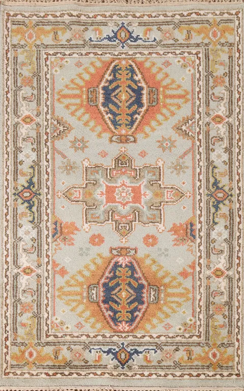 Muted Green Geometric Kazak Oriental Rug 3x5