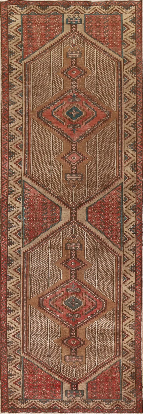 Vintage Brown Ardebil Persian Runner Rug 4x12
