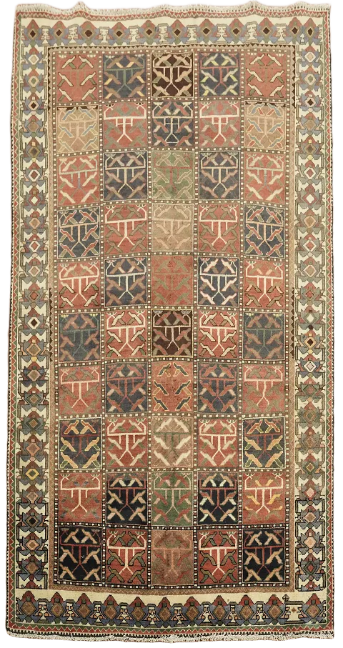 Vintage geometric patterned Bakhtiari Persian Rug with rich, warm earthy tones 5x9