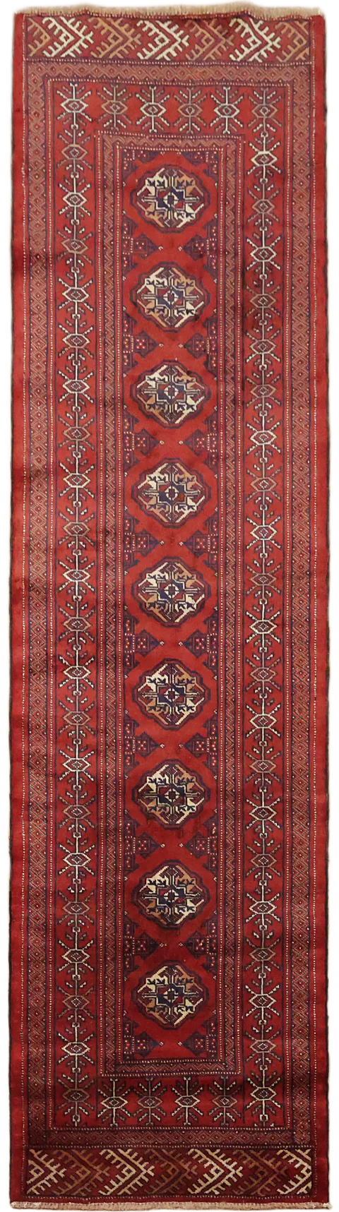 Traditional Vintage Red and Blue Bokhara Runner Rug for a Classic Touch 3'x10'