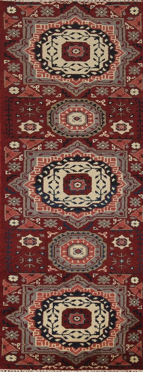 Red Geometric Kazak Indian Runner Rug 3x8