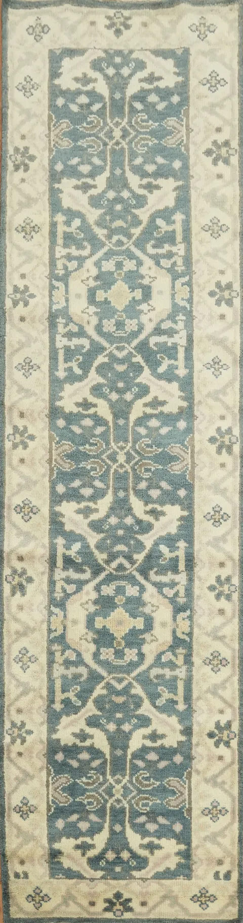 Handmade Wool Runner with Intricate Blue and White Motifs 3x10 ft
