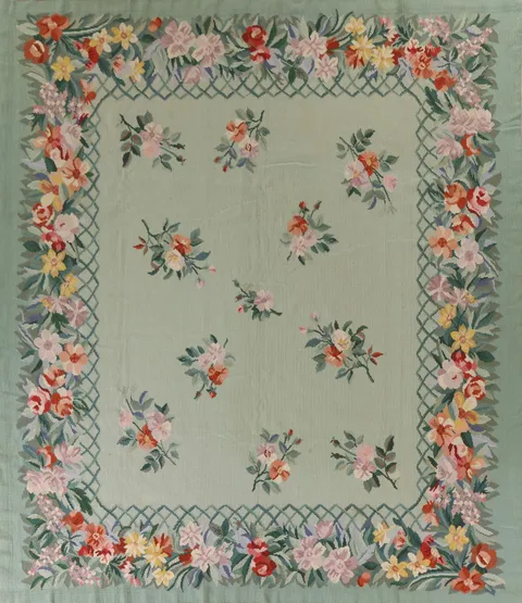 Square Green Needlepoint Living Room Rug 10x10