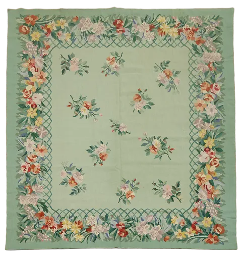 Elegant Green Needle Point Rug with Intricate Springtime Floral Design 10x11 ft