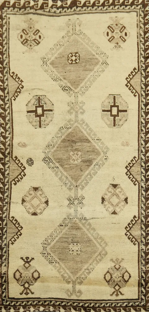 Vintage Beige and Brown Geometric Tribal Gabbeh Persian Rug 3'x6'