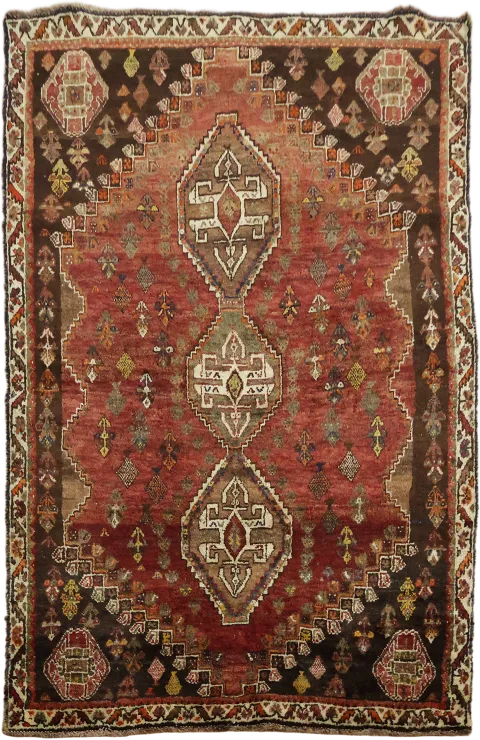 Vintage Persian Tribal Shiraz Rug with Rich Earthy Tones and Ornate Patterns 4'x5'
