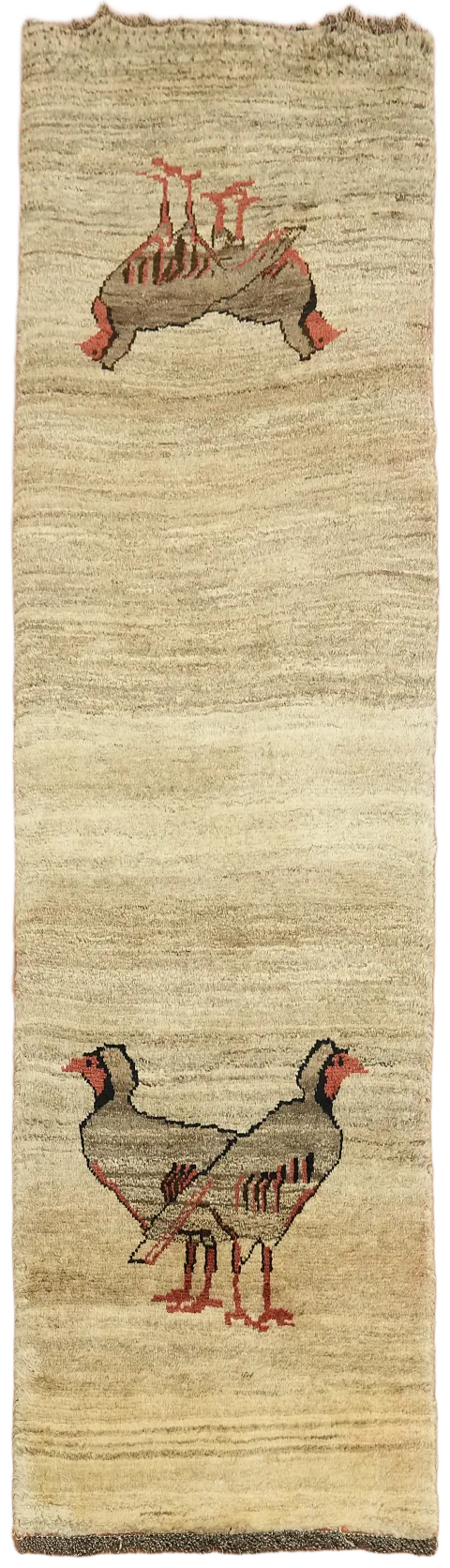 Thick Gabbeh Persian Runner Featuring Artistic Bird Designs and Neutral Palette 2'x8'