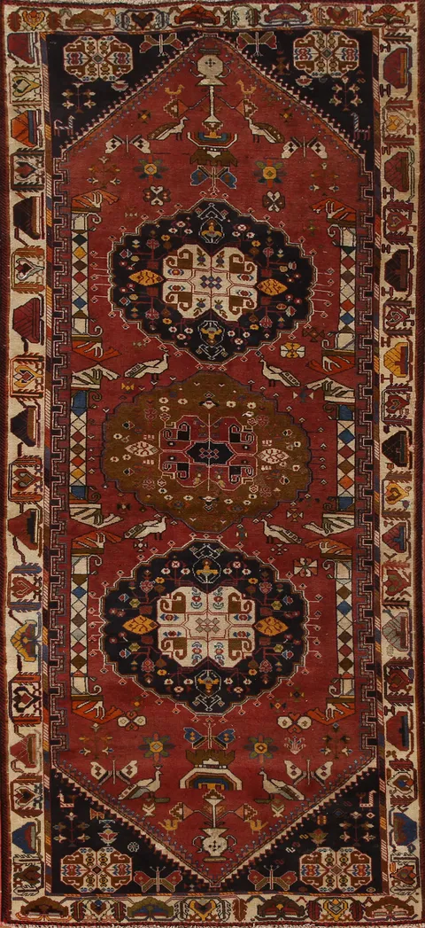 Animal Pictorial Shiraz Kashkoli Persian Runner Rug 4x10