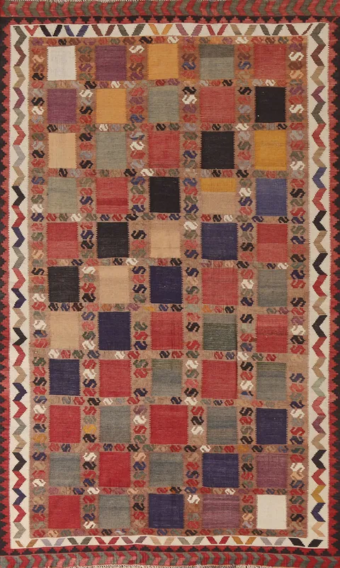 Checkered Kilim Qashqai Persian Area Rug 5x8