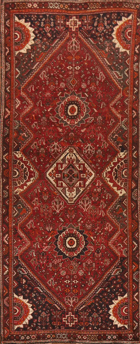Tribal Red Wool Qashqai Persian Runner Rug 4x10