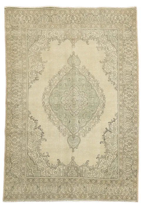 Vintage Distressed Beige and Green Tabriz Persian Wool Area Rug 8x11