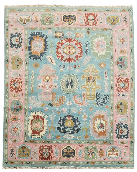 Hand-Knotted Blue and Pink Oushak Rug Featuring Pastel Floral Design 8x10
