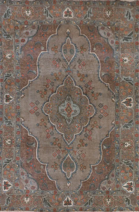 Distressed Brown Wool Tabriz Persian Area Rug 6x9