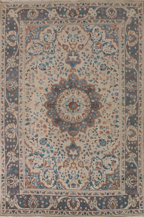 Ivory Wool Floral Tabriz Persian Area Rug 6x10